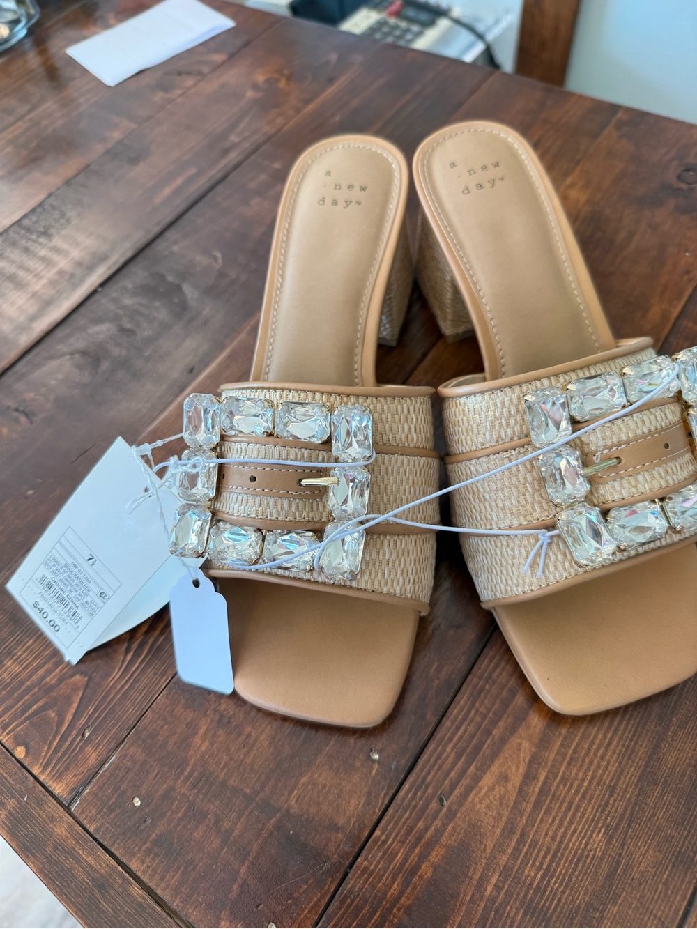 a new day Tan Jeweled Woven Slide Sandals